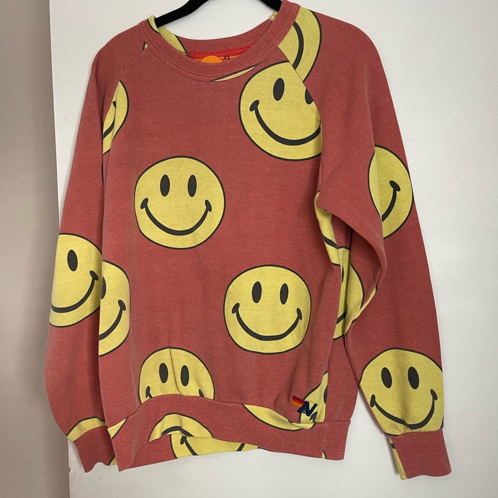 Aviator Nation Rust Red Sweatshirt with Yellow Smiley Print